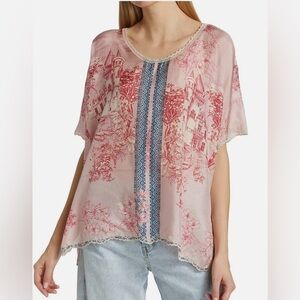 Johnny Was Pink Rose Silk Scenic Blouse Size Large